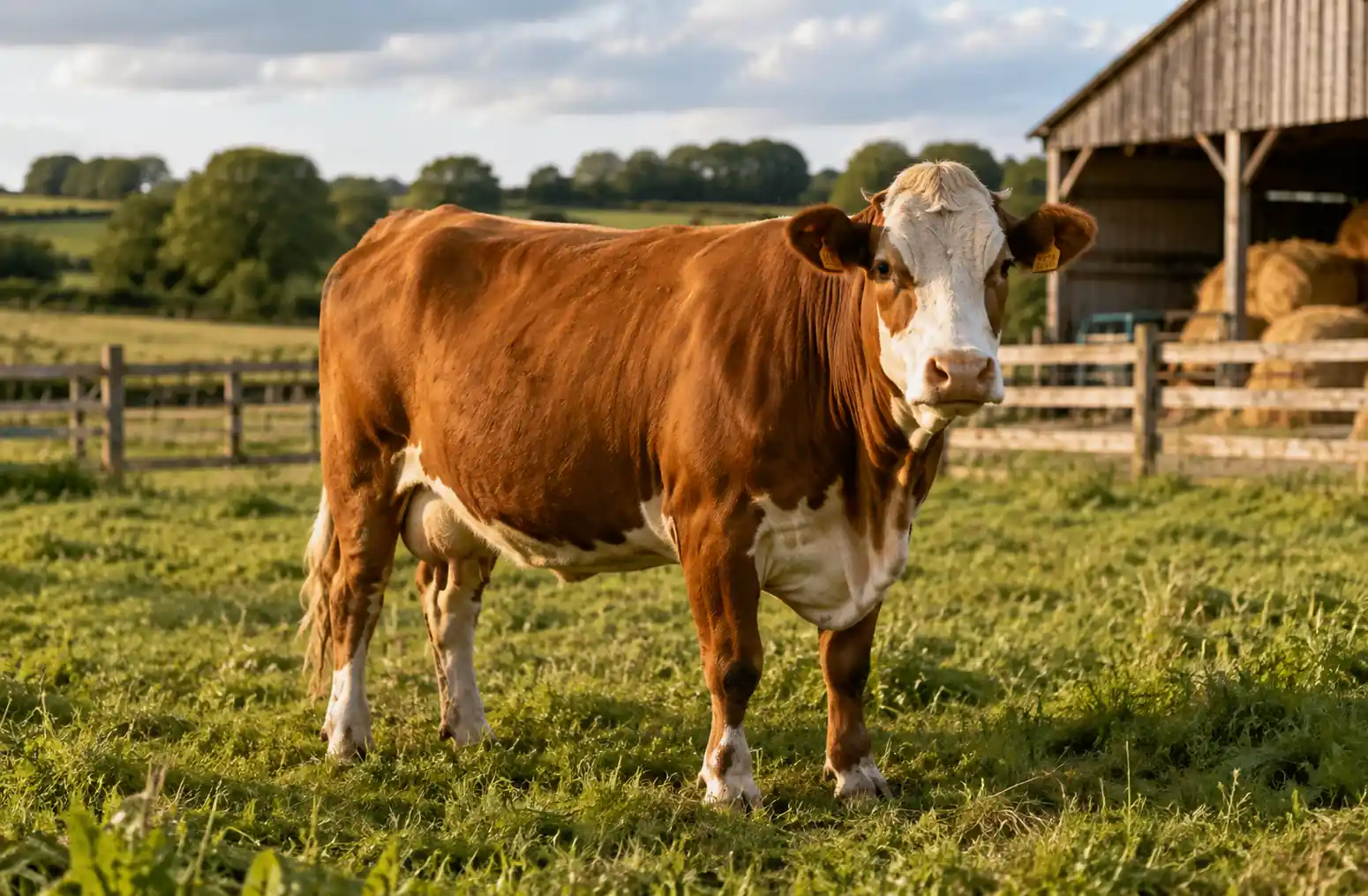 Vache adulte dans une prairie clôturée devant une exploitation agricole