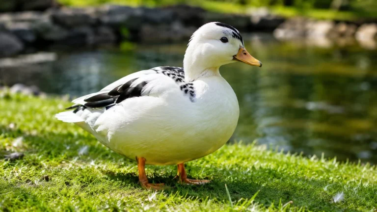 Canard Mignon blanc et noir debout sur l’herbe au bord d’un bassin