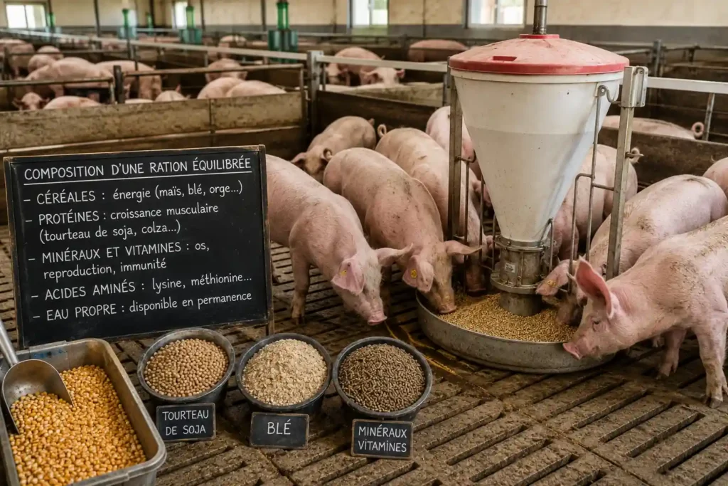 Porcs en élevage se nourrissant d'une ration à base de céréales dans un bâtiment agricole moderne avec distributeur d'aliments.
