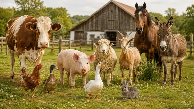 Animaux de la ferme réunis devant une grange avec vache, cochon, mouton, chèvre, volailles, cheval, âne et lapin