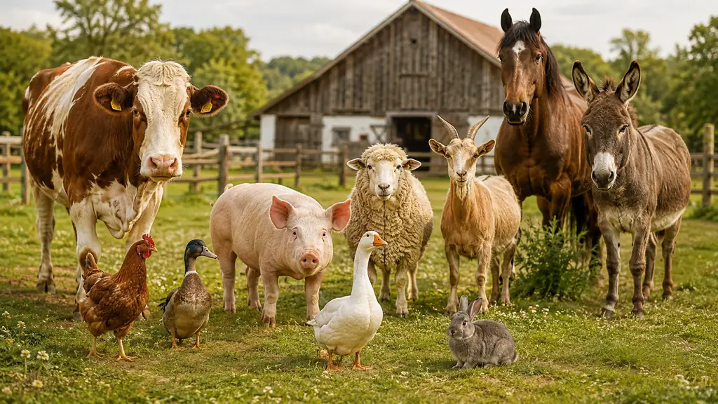 Animaux de la ferme réunis devant une grange avec vache, cochon, mouton, chèvre, volailles, cheval, âne et lapin