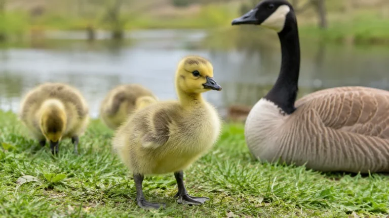 Oison au premier plan près d’une oie adulte au bord de l’eau
