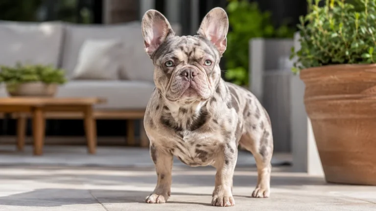 Bouledogue français exotique à robe merle debout sur une terrasse ensoleillée