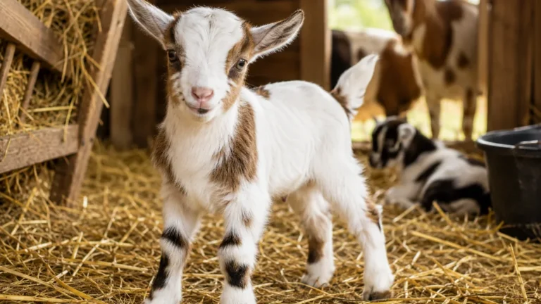 Jeune chevreau debout sur la paille dans un abri avec sa mère et d’autres petits