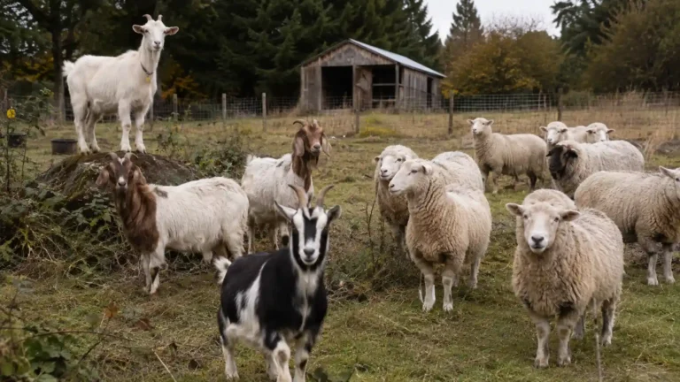 Troupeau de chèvres et de moutons réunis dans un pâturage clôturé