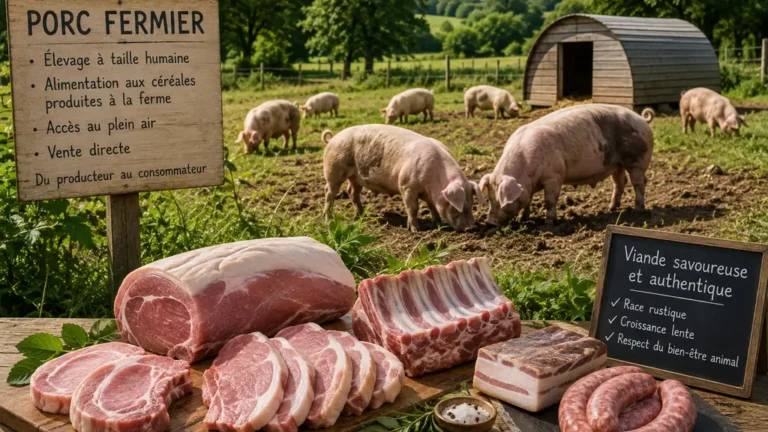 Cochons fermiers élevés en plein air dans une prairie avec abri en bois et produits de la ferme