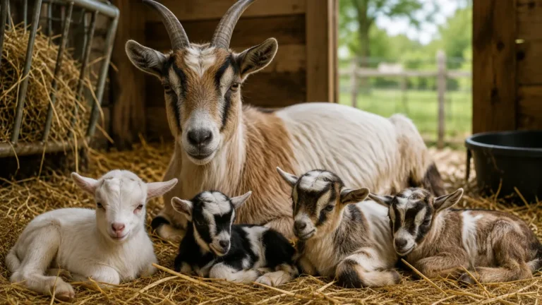 Chèvre accompagnée de quatre chevreaux nouveau-nés couchés sur la paille dans un abri