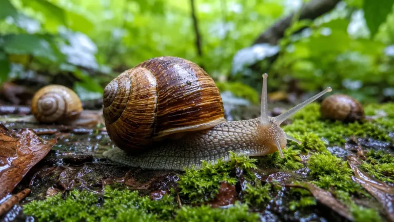Escargot terrestre avançant sur de la mousse humide dans un environnement naturel