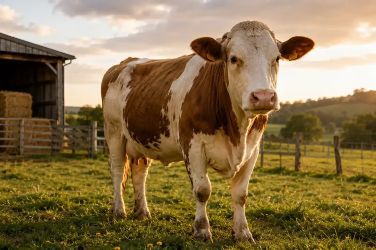 Vache adulte de grand gabarit debout dans un pâturage au coucher du soleil