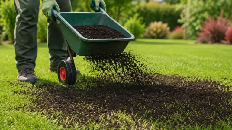 Jardinier épandant du compost mûr sur une pelouse à l’aide d’un épandeur