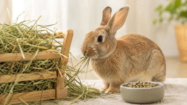 Lapin mangeant du foin avec une petite gamelle de granulés à proximité