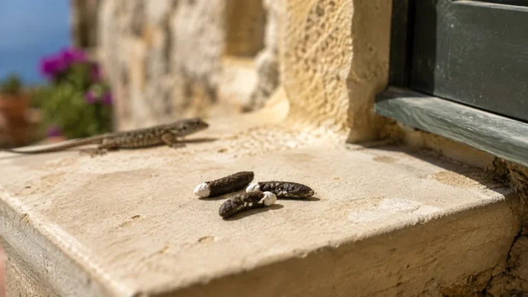 Crottes de lézard sombres avec extrémité blanche sur un rebord en pierre au soleil
