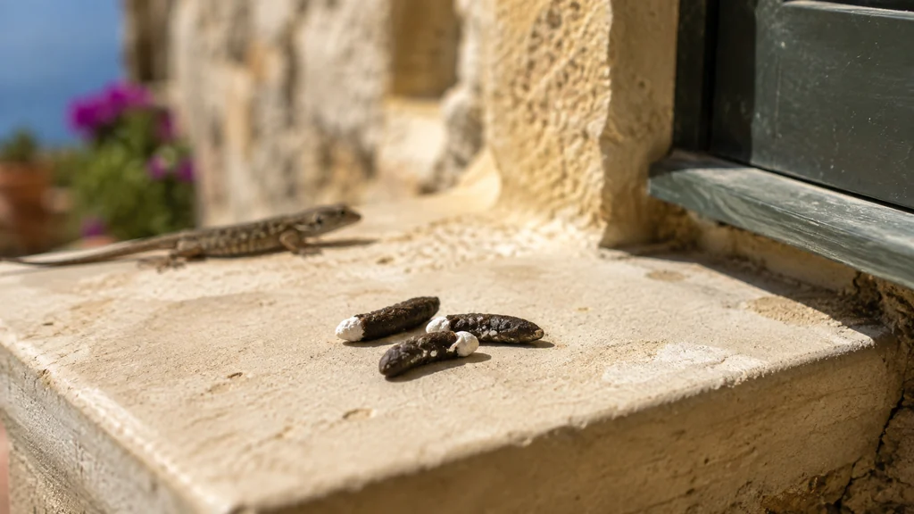 Crottes de lézard sombres avec extrémité blanche sur un rebord en pierre au soleil