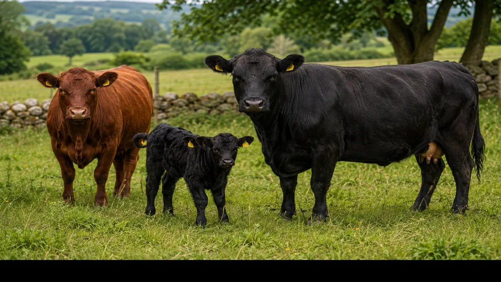 Vache Dexter et son veau dans un pâturage verdoyant illustrant cette petite race bovine rustique