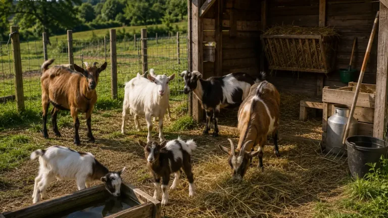 Troupeau de chèvres dans un enclos aménagé avec abri, râtelier à foin et abreuvoir
