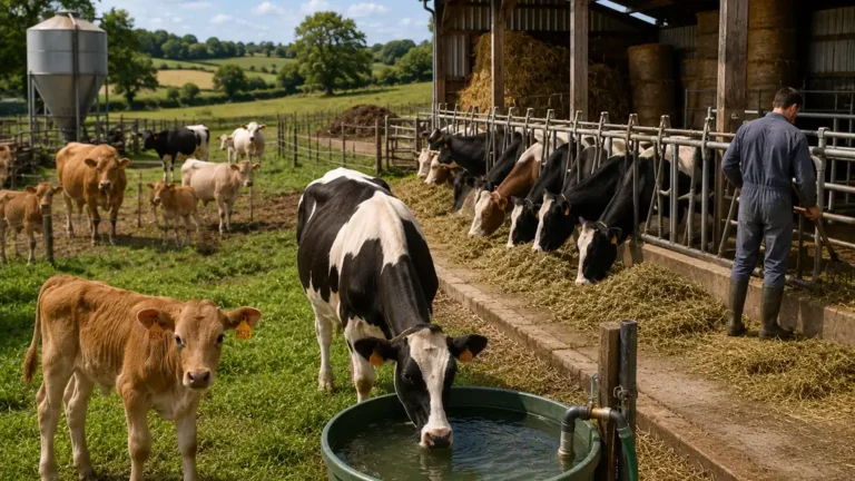 Élevage bovin avec vaches et veaux en prairie et dans une stabulation ouverte alimentée en fourrage