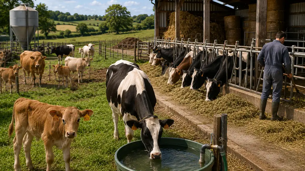 Élevage bovin avec vaches et veaux en prairie et dans une stabulation ouverte alimentée en fourrage