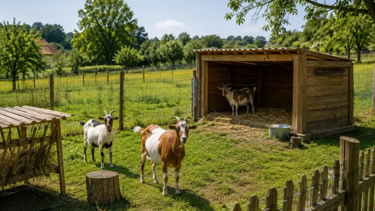 Chèvres dans un enclos clôturé avec abri en bois, râtelier à foin et point d’eau