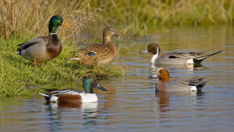 Plusieurs espèces de canards sauvages réunies sur un étang en France