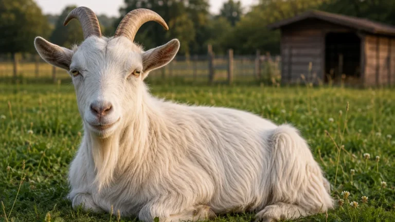 Chèvre adulte au repos dans une prairie près de son abri en bois