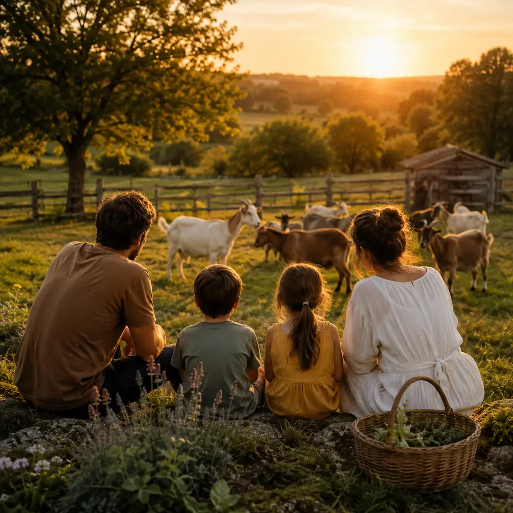 Famille observant un troupeau de chèvres dans une prairie au coucher du soleil.