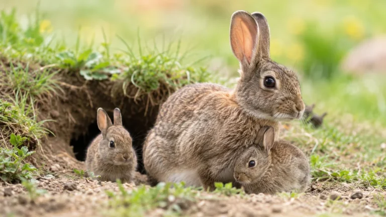 Lapine avec ses lapereaux près de l’entrée d’un terrier dans l’herbe