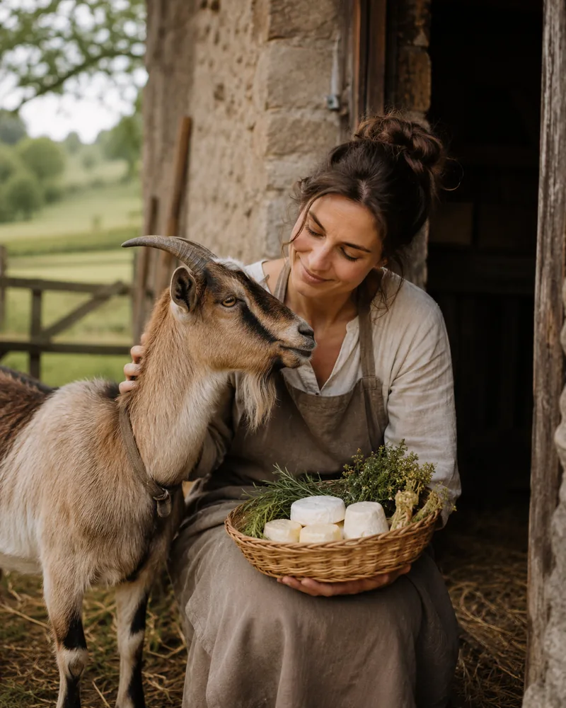 Éleveuse caressant une chèvre devant une ferme avec un panier de fromages fermiers et d’herbes fraîches