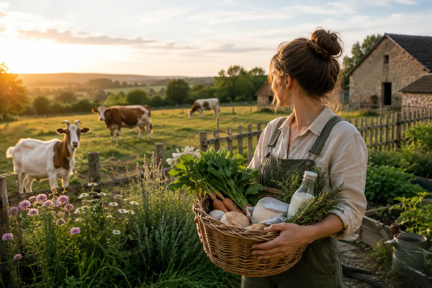 Agricultrice tenant un panier de légumes, de fromage et de lait devant une ferme avec chèvres et vaches au coucher du soleil.