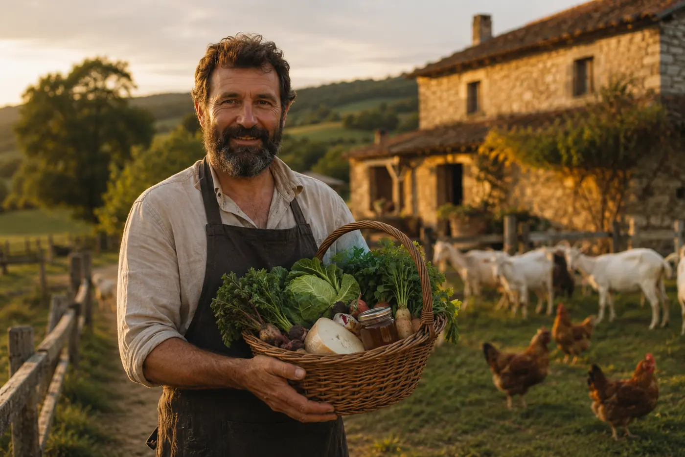 Fermier tenant un panier de légumes, de fromage et de produits locaux devant une ferme avec chèvres et poules.