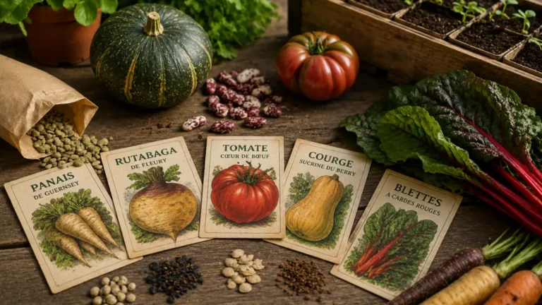 Graines de légumes anciens, semences reproductibles et légumes du potager disposés sur une table en bois