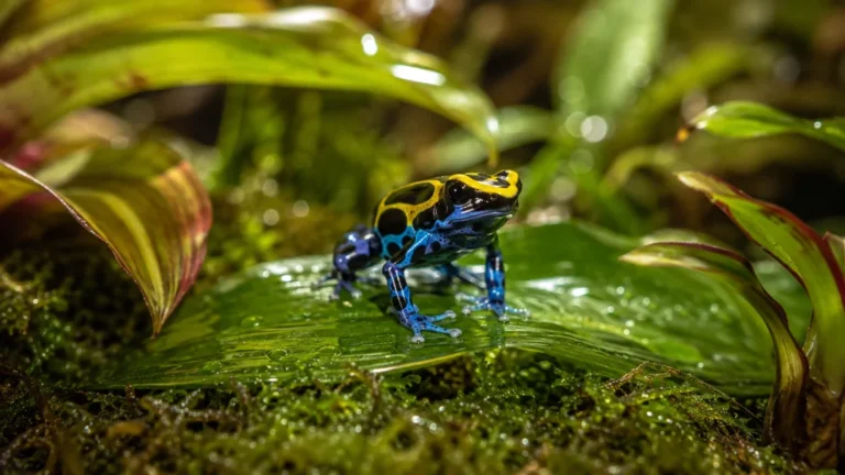 Grenouille dendrobate bleue, noire et jaune posée sur une feuille humide en milieu tropical