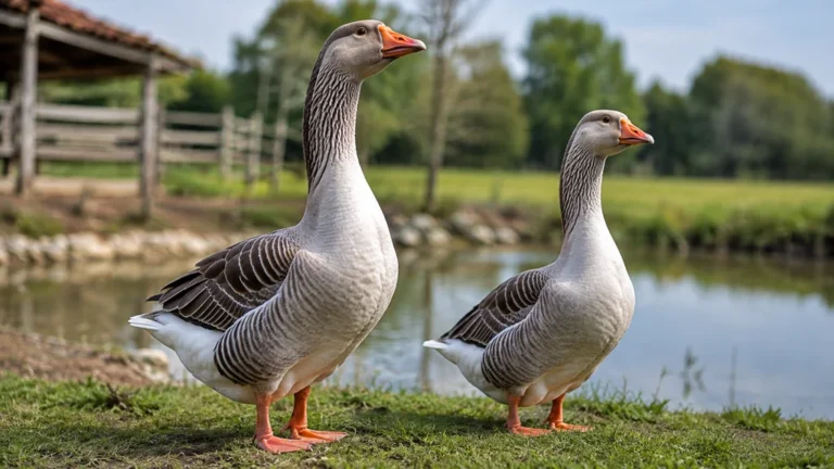 Jars et oie adultes côte à côte au bord d’un étang
