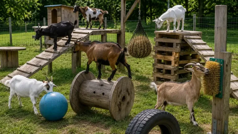 Chèvres jouant sur des plateformes, rampes et palettes dans un enclos aménagé avec des jeux et structures d'enrichissement