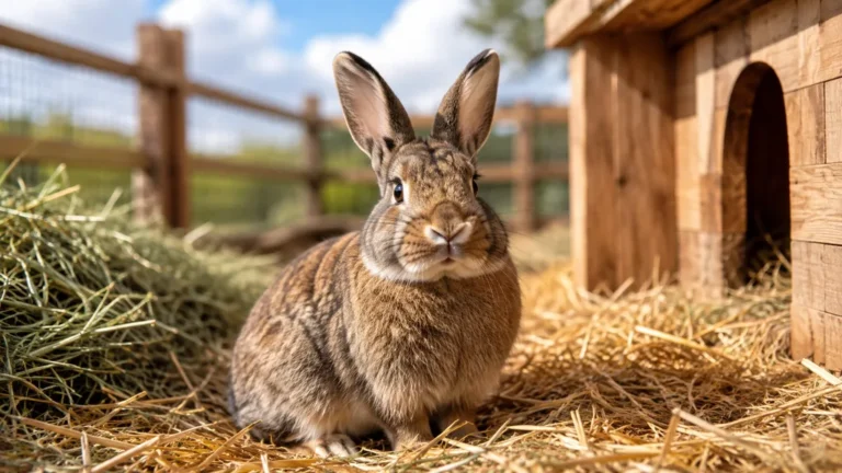 Lapin fermier dans un enclos spacieux avec paille, foin et abri en bois