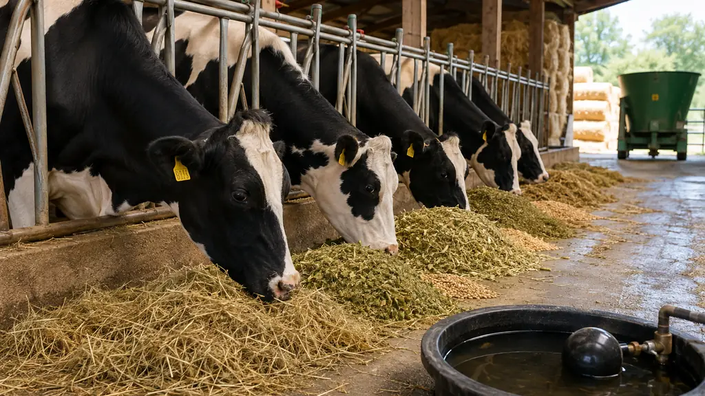 Vaches laitières mangeant du foin, de l’ensilage et des céréales dans une stabulation