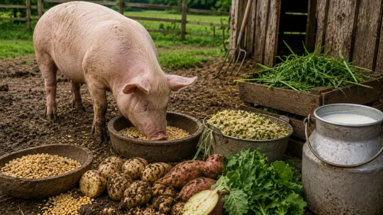 Cochon d'élevage nourri avec des céréales, tubercules et fourrages dans une ferme traditionnelle