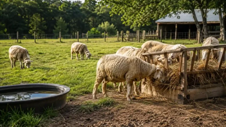 Moutons mangeant du foin dans un râtelier au cœur d’une prairie
