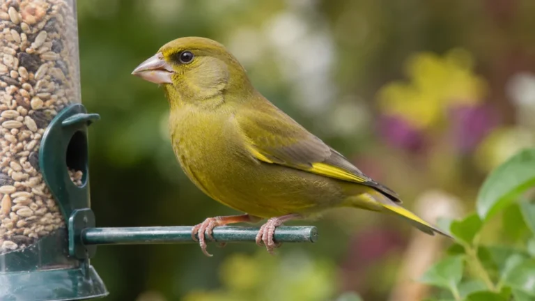 Verdier d’Europe posé sur une mangeoire dans un jardin