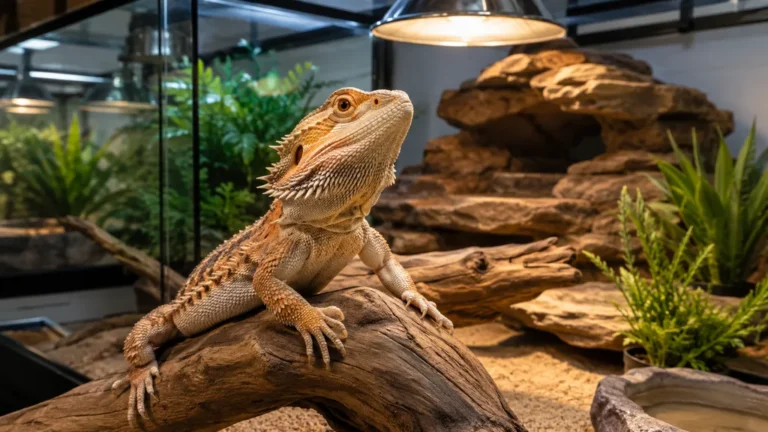 Pogona vitticeps juvénile dans un terrarium équipé avec lampe chauffante et décor naturel