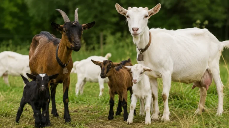 Chèvres adultes et chevreaux de différents gabarits réunis dans une prairie