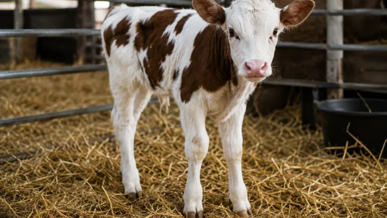 Jeune veau brun et blanc debout sur la paille dans un bâtiment d’élevage