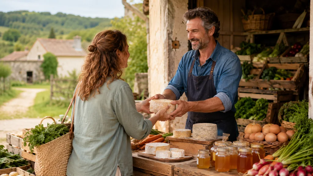 Cliente achetant du fromage, du miel et des légumes directement auprès d’un producteur local
