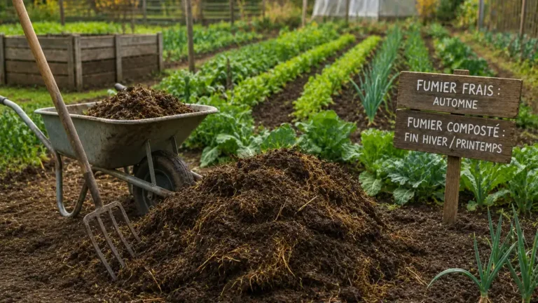 Épandage de fumier dans un potager avant les plantations avec brouette et sol fraîchement amendé
