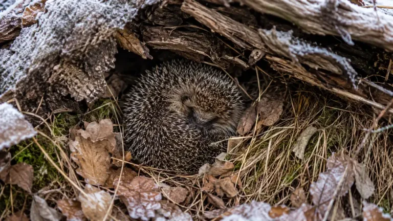 Hérisson d’Europe blotti en hibernation dans un nid de feuilles sous un abri naturel