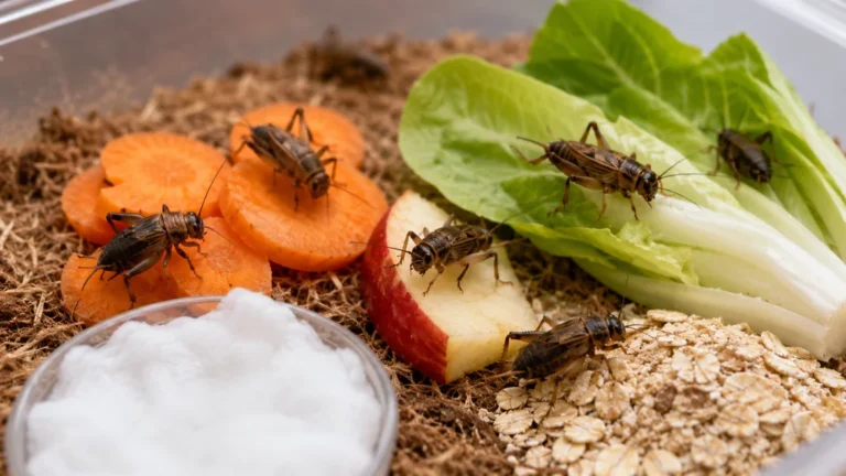 Grillons dans un terrarium avec carotte, pomme, endive, avoine et source d’eau sécurisée