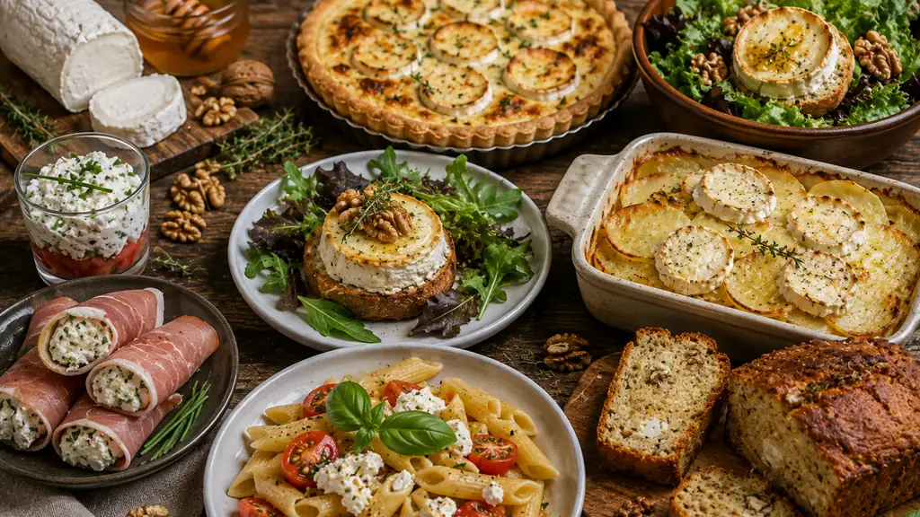 Sélection de recettes au fromage de chèvre avec tarte, salade, gratin, pâtes et tartines