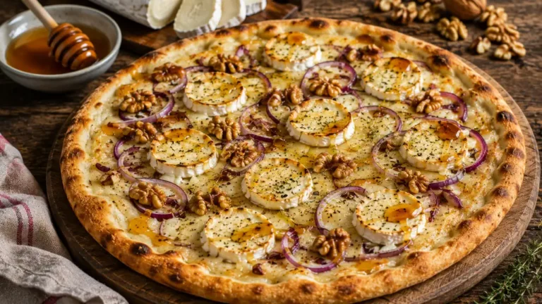 Pizza au chèvre et au miel garnie de rondelles de bûche, noix et oignon rouge