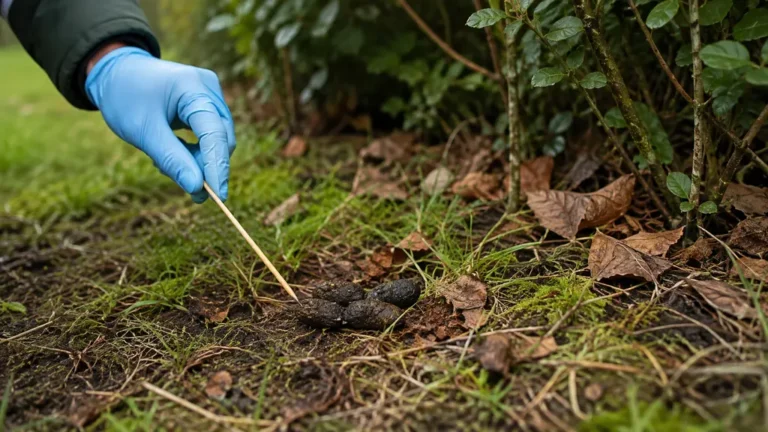 Crottes d’animaux examinées au sol dans un jardin avec un gant de protection