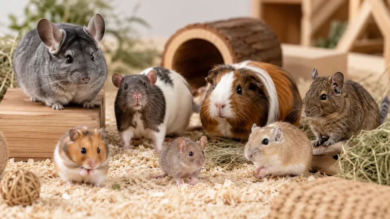 Plusieurs rongeurs domestiques réunis dans un habitat intérieur avec hamster, rat, gerbille, cochon d’Inde, chinchilla et octodon
