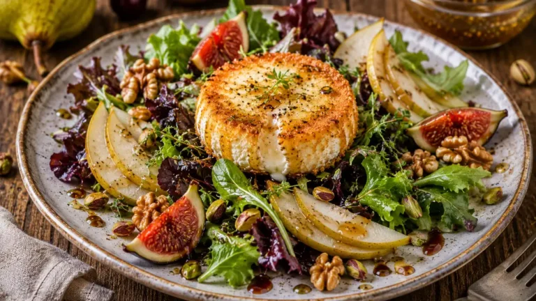 Salade de chèvre chaud gastronomique avec crottin pané, mesclun, poire, figues, noix et vinaigrette au miel